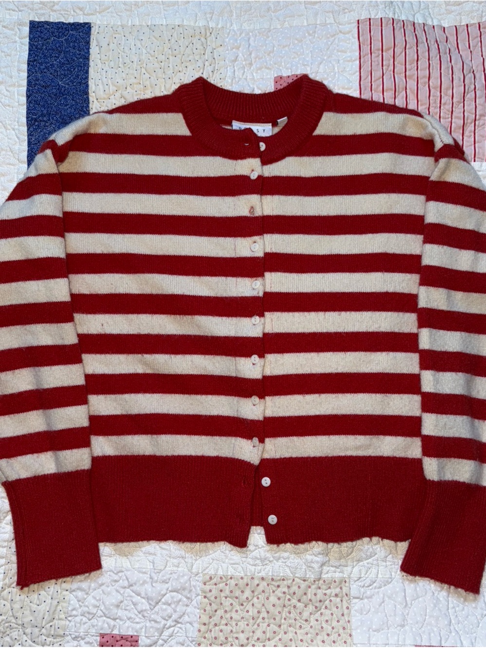 Striped Red and Cream Button-Up Cardigan Sweater